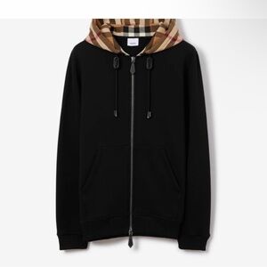 Burberry Black Zip-Up Sweatshirt with Signature Beige Check Hood Lining